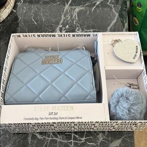 Steve Madden Pale Blue Quilted Crossbody Bag with Pom-Pom Charm